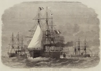 De oorlog, de Franse vloot in de Oostzee, het vlaggenschip van de admiraal, de Serveillante, aan de leiding